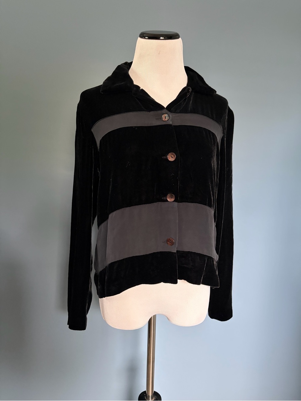 Silk Club Black Velvet Long Sleeve Button Down Blouse